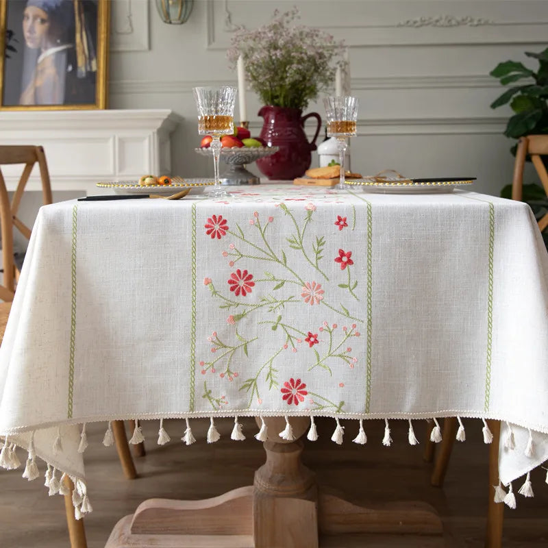 Cotton Linen Embroidered Floral Tablecloth with Tassel
