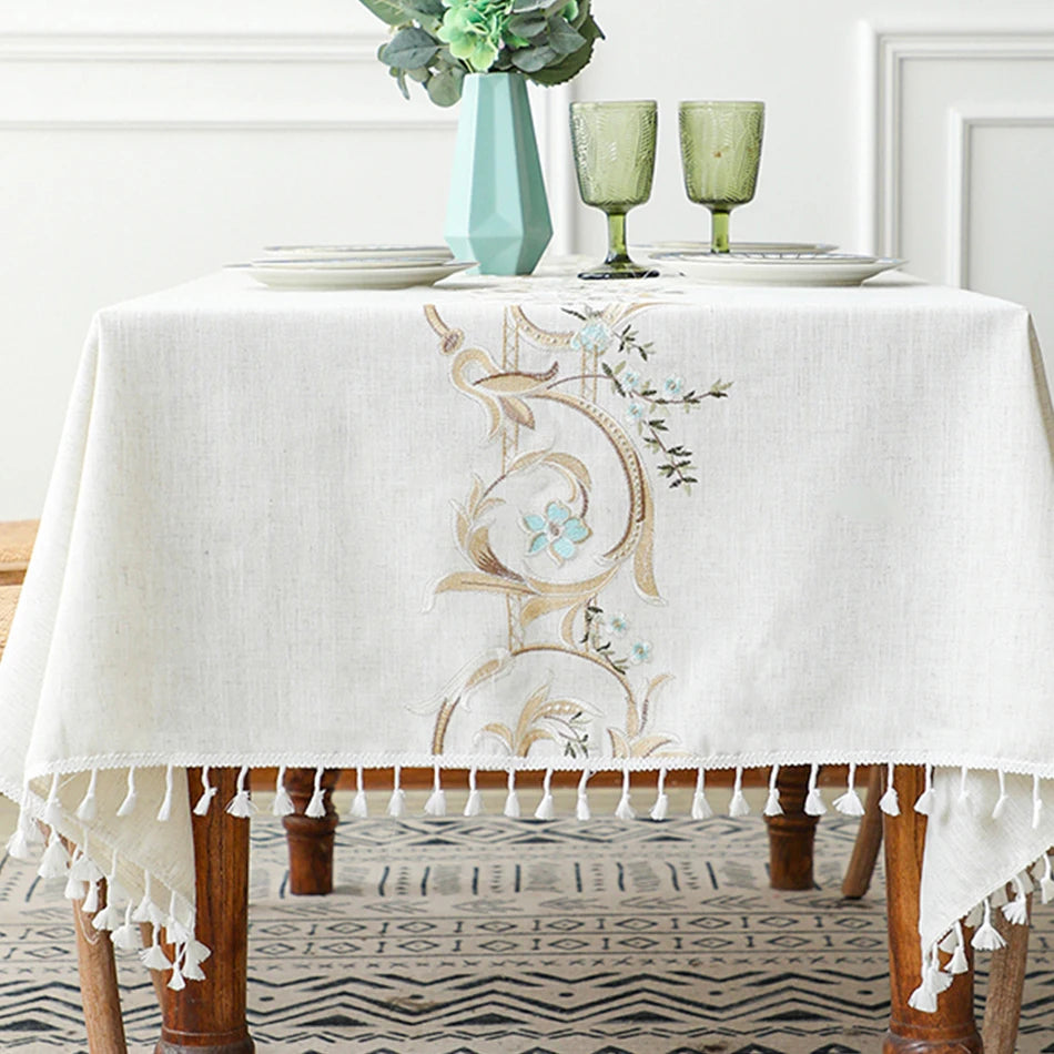 Cotton Linen Embroidered Floral Tablecloth with Tassel