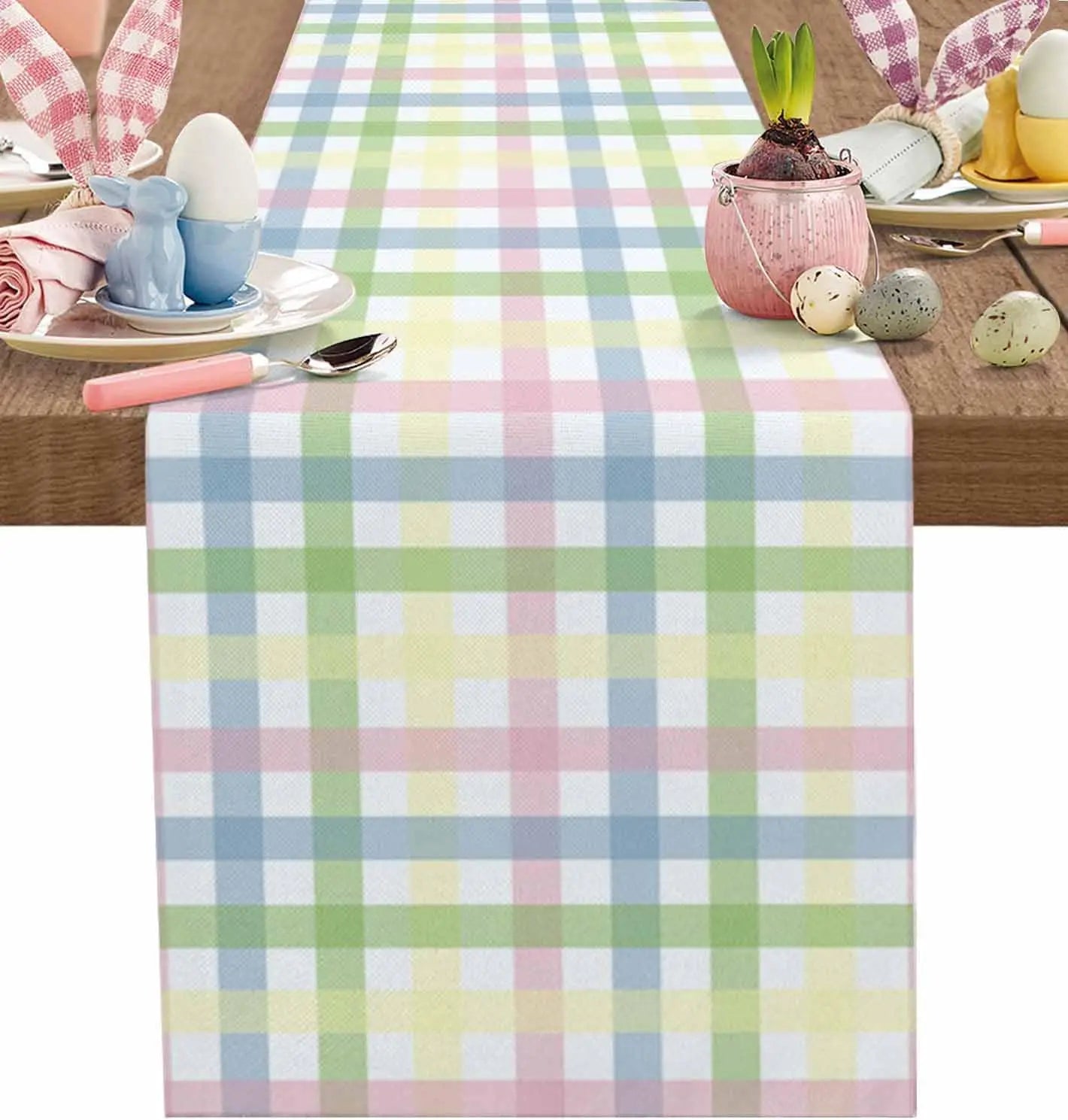 Vibrant Easter Plaid Linen Table Runner - Perfect for Festive Dining