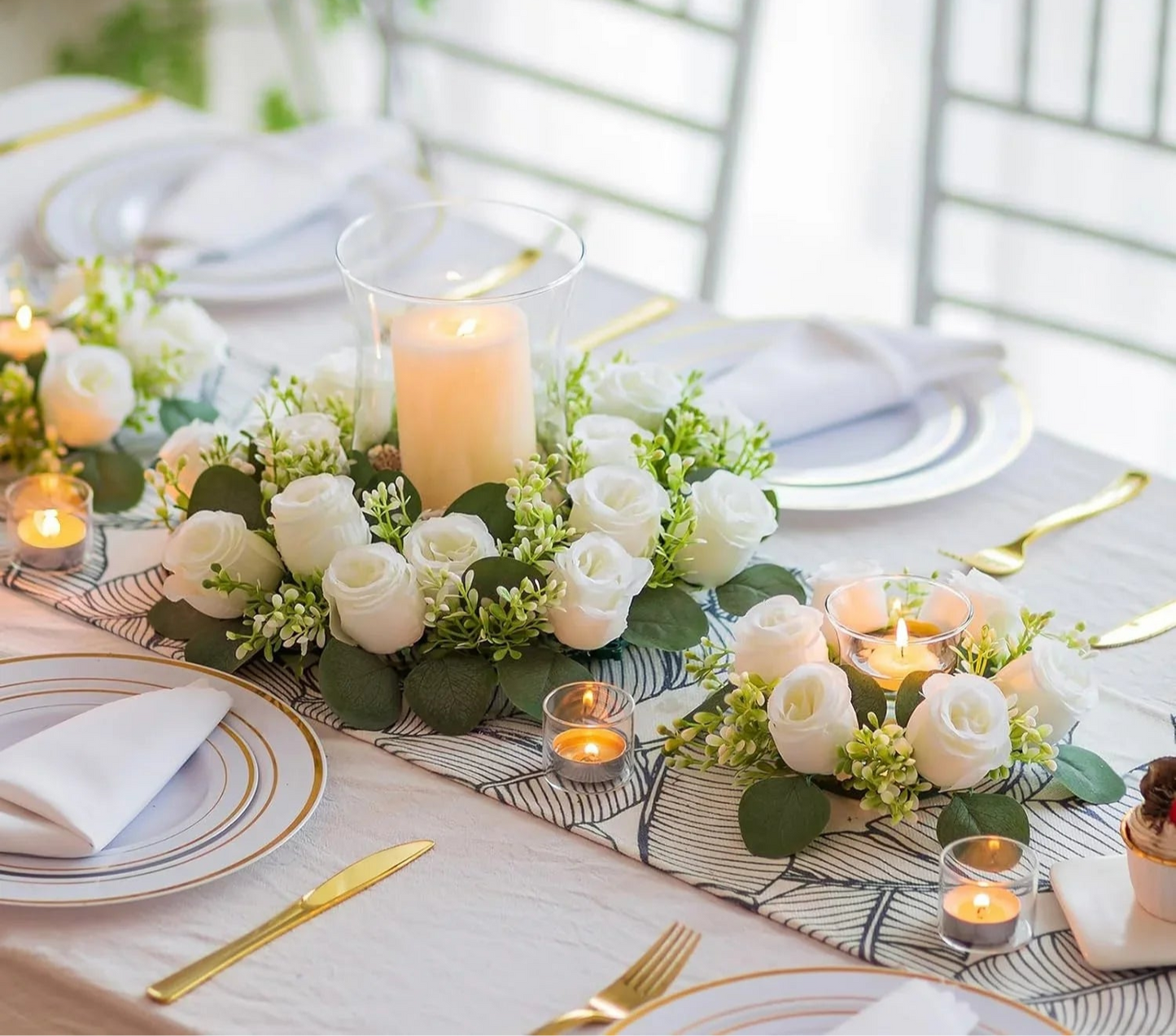 20Pcs Rose Candle Rings Artificial Floral Wreath Flower 2.9Inch Table Garland for Wedding Centerpiece Party Home Decor