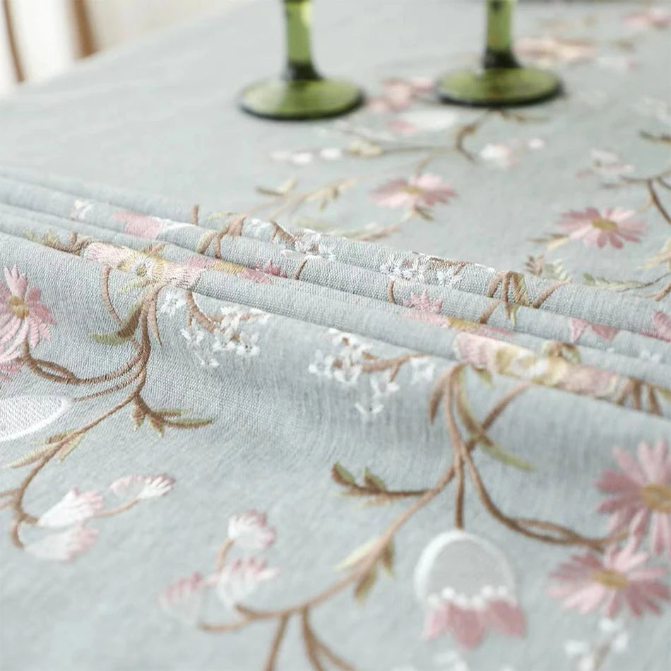 Cotton Linen Embroidered Floral Tablecloth with Tassel