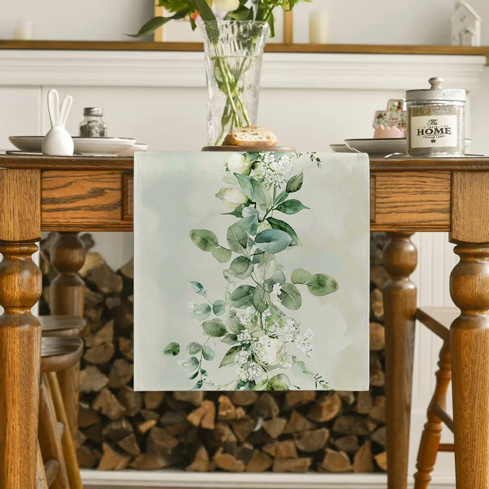 Plant and Flower Table Runner Dining Table Decoration Kitchen Supplies Watercolor Eucalyptus Table Runner Party Decoration