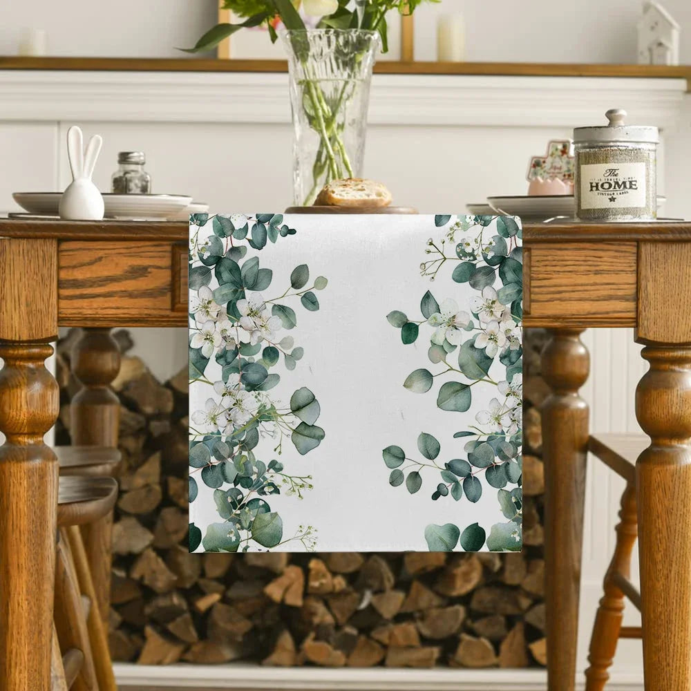 Plant and Flower Table Runner Dining Table Decoration Kitchen Supplies Watercolor Eucalyptus Table Runner Party Decoration