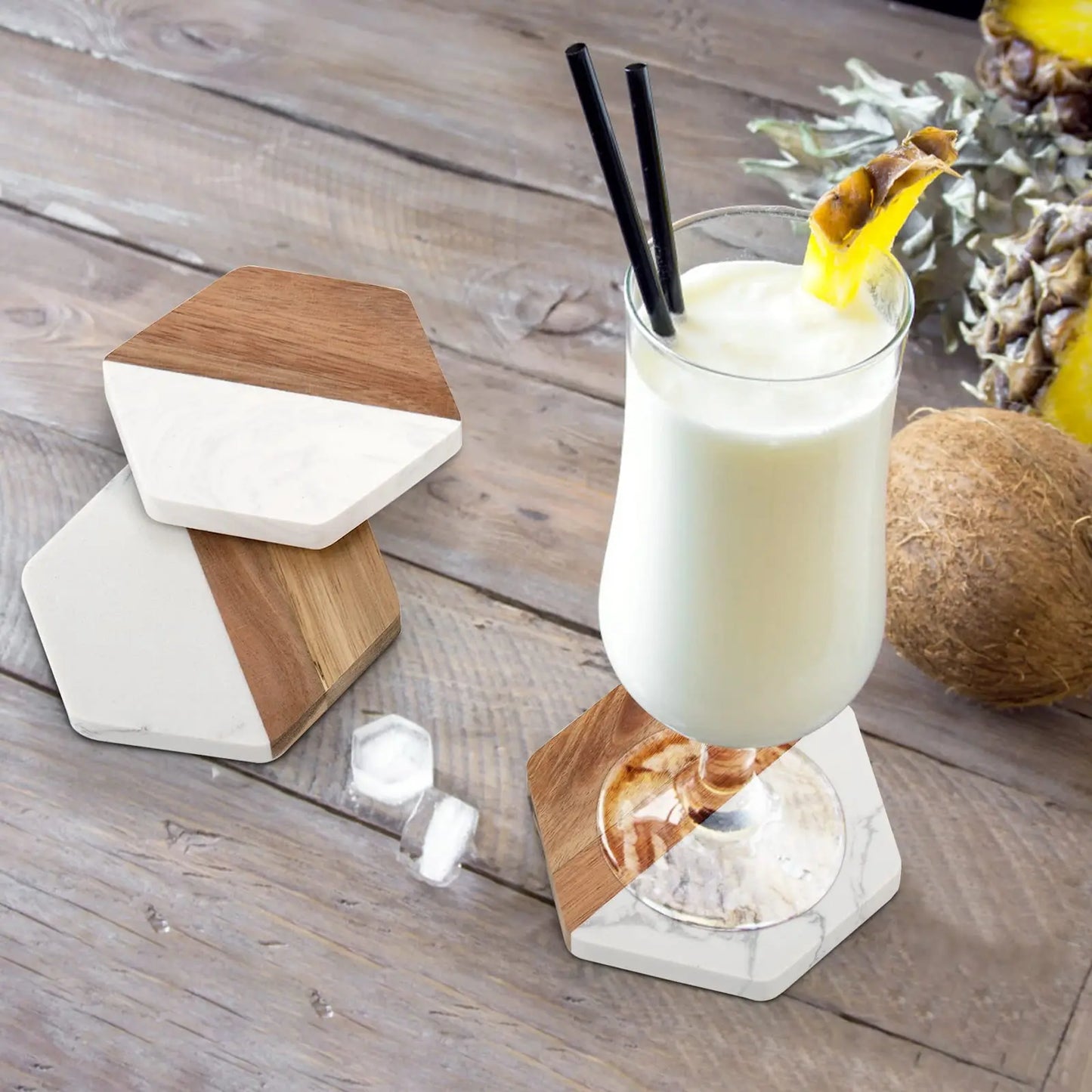 Marble Wood Coasters Set, Hexagon Geometric Coasters, Tea, Coffee, Wine, Drinks and Beverage, Set of 4
