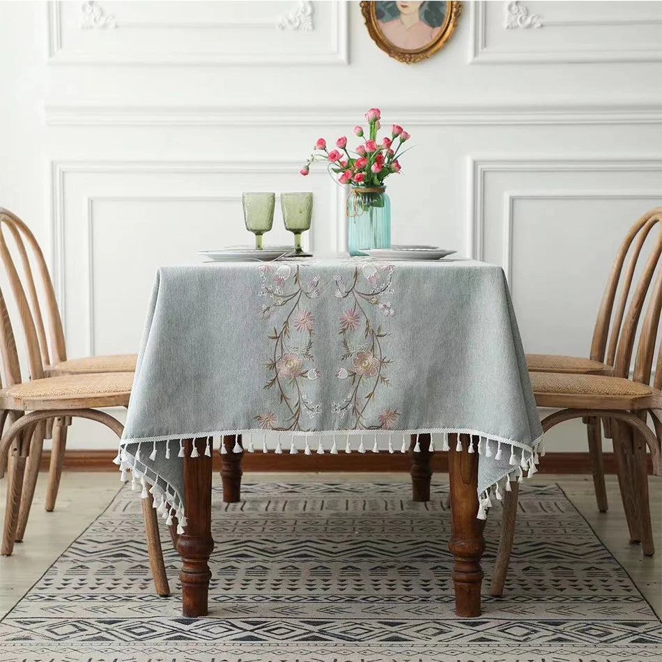 Cotton Linen Embroidered Floral Tablecloth with Tassel