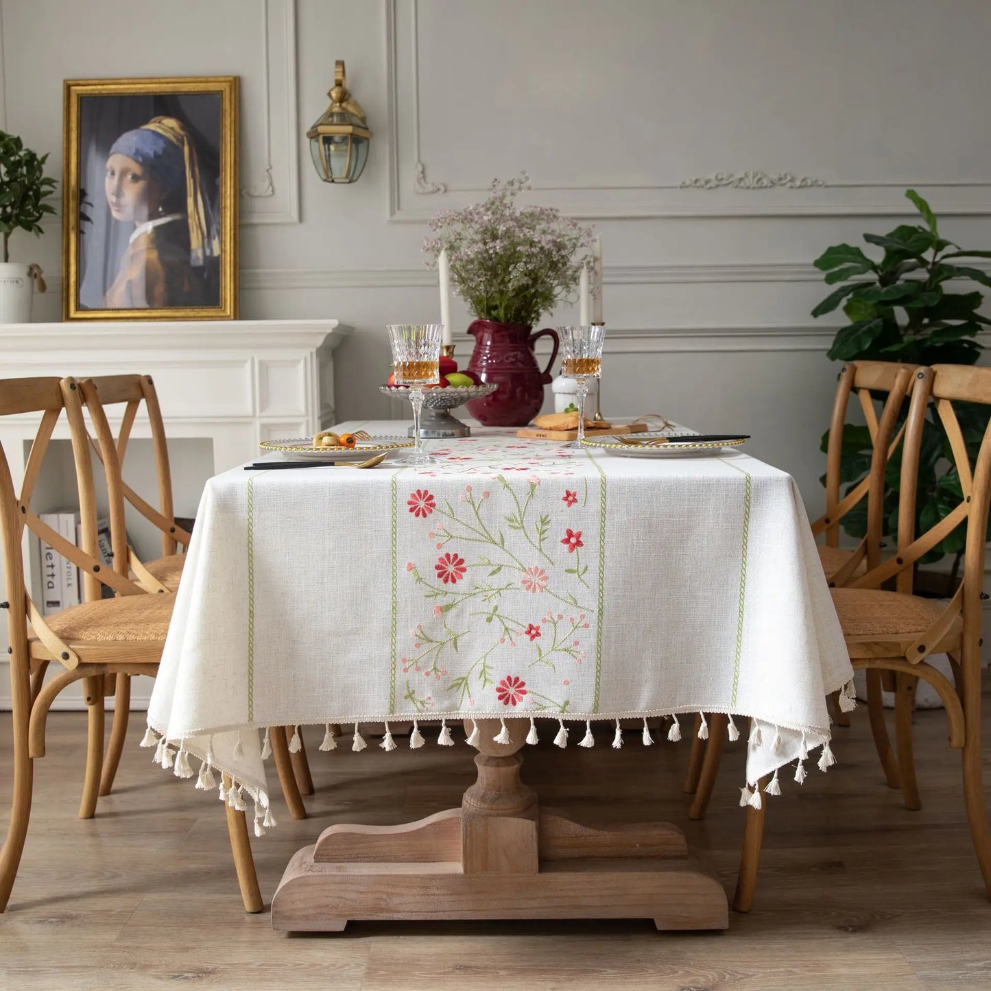 Cotton Linen Embroidered Floral Tablecloth with Tassel