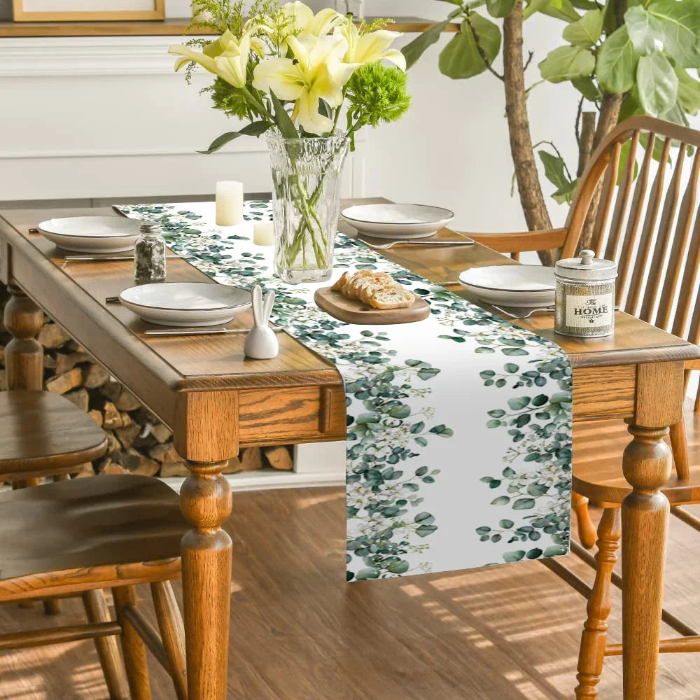Plant and Flower Table Runner Dining Table Decoration Kitchen Supplies Watercolor Eucalyptus Table Runner Party Decoration