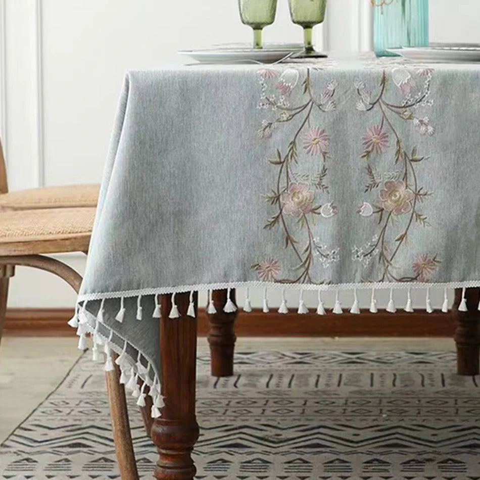 Cotton Linen Embroidered Floral Tablecloth with Tassel