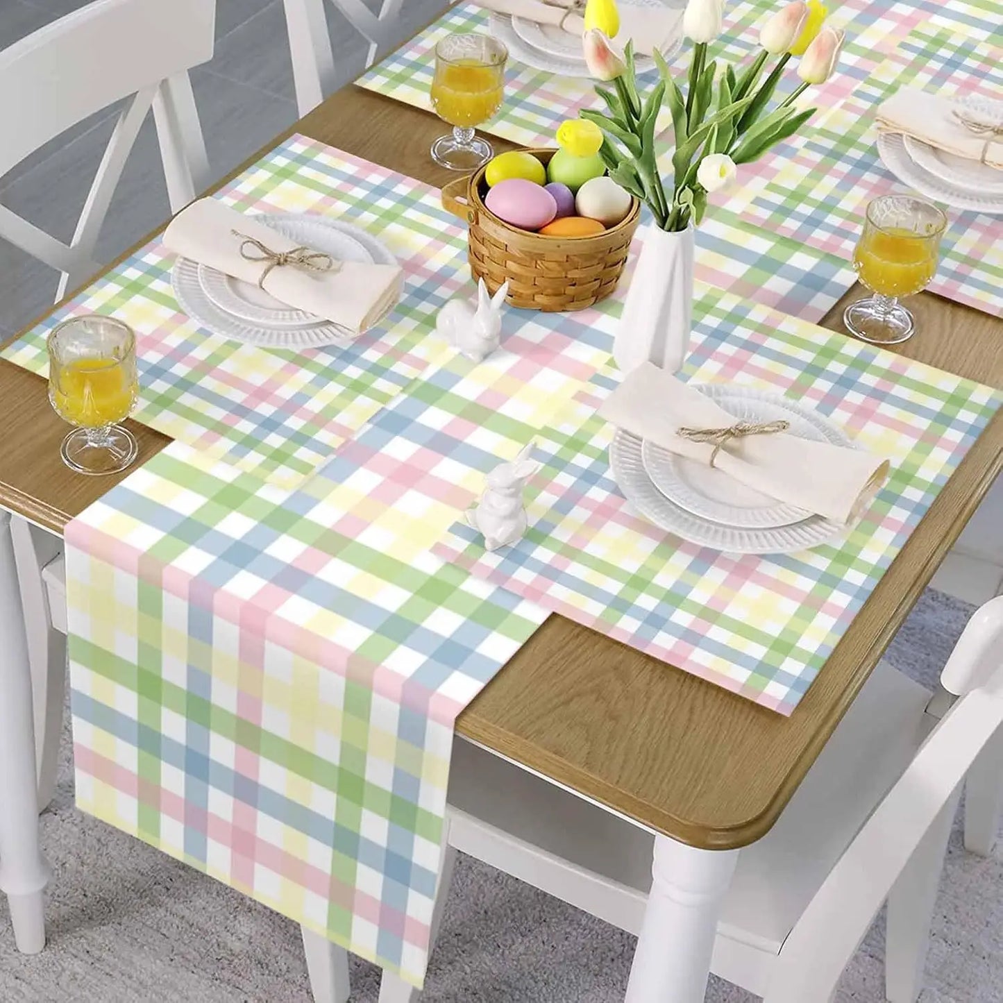Vibrant Easter Plaid Linen Table Runner - Perfect for Festive Dining