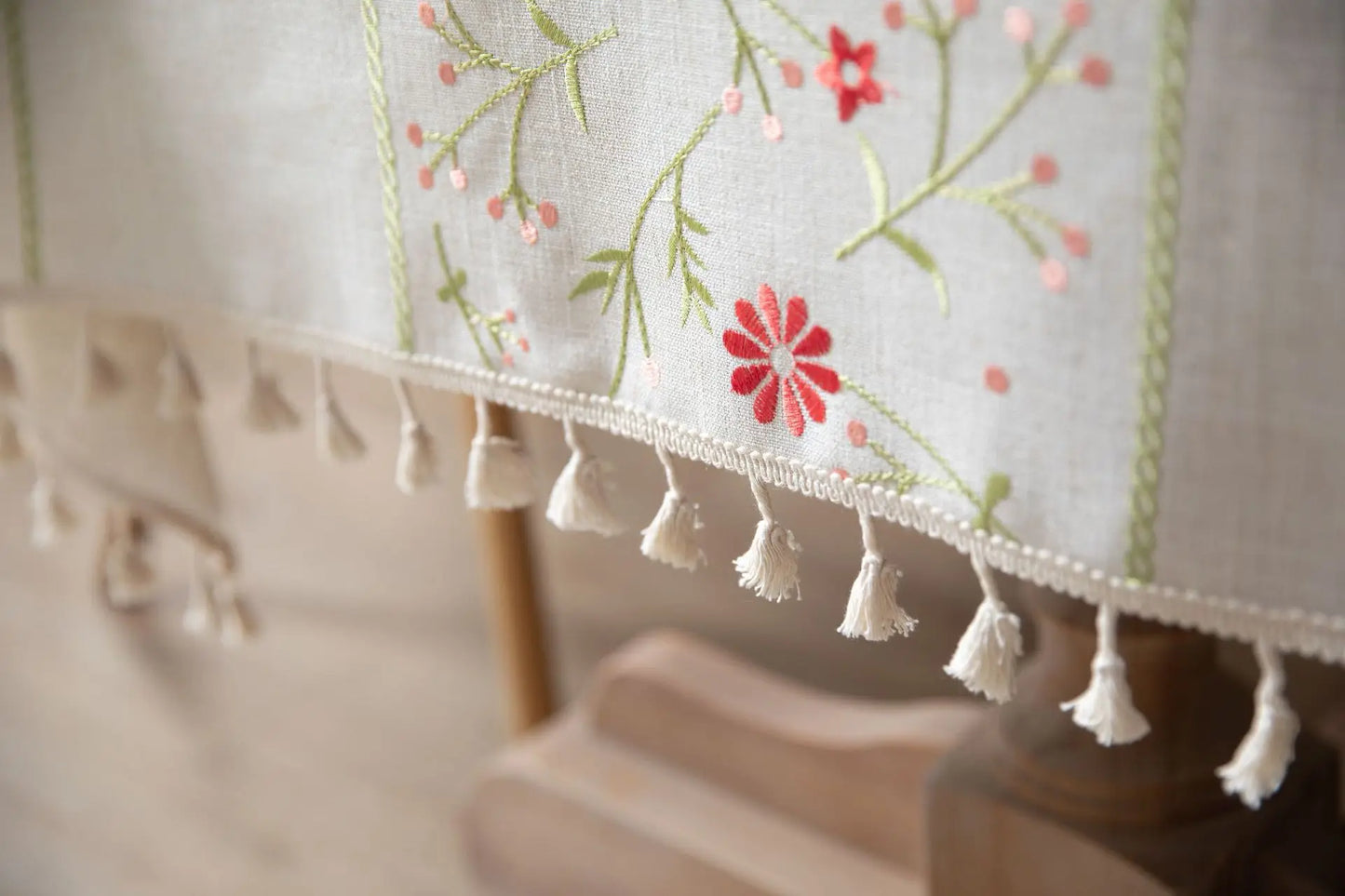 Cotton Linen Embroidered Floral Tablecloth with Tassel