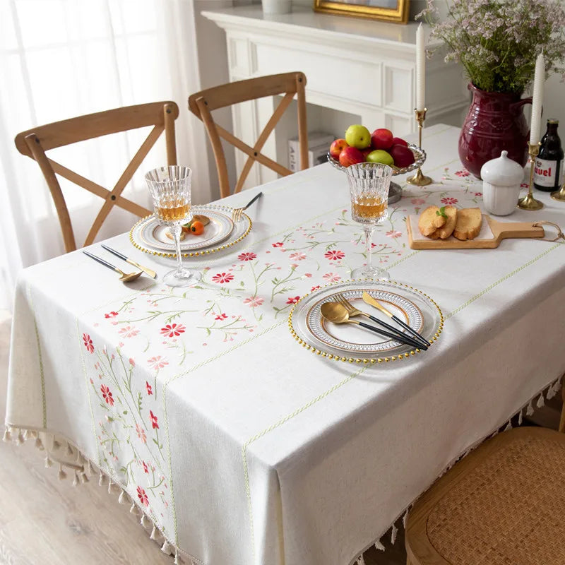 Cotton Linen Embroidered Floral Tablecloth with Tassel