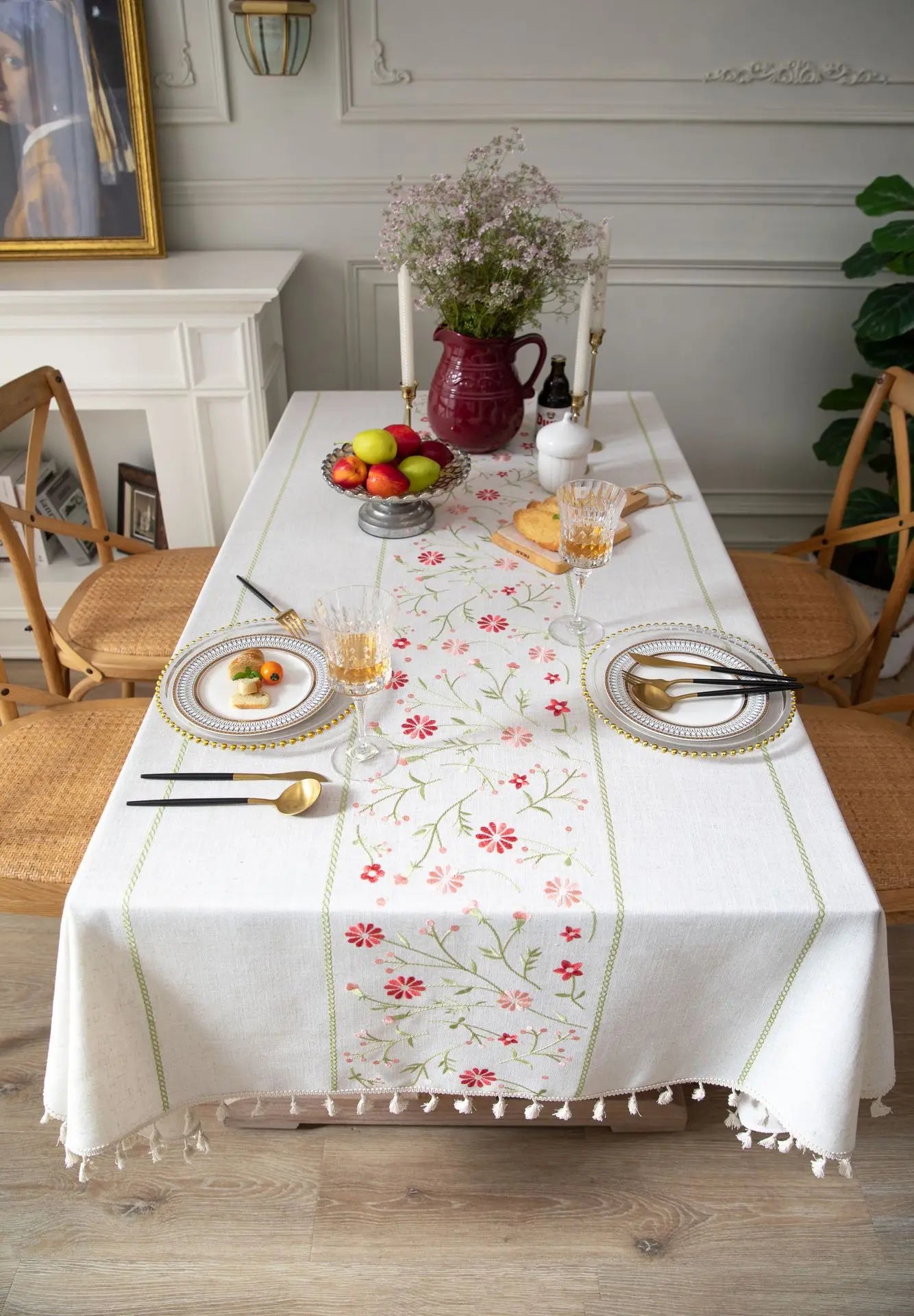 Cotton Linen Embroidered Floral Tablecloth with Tassel