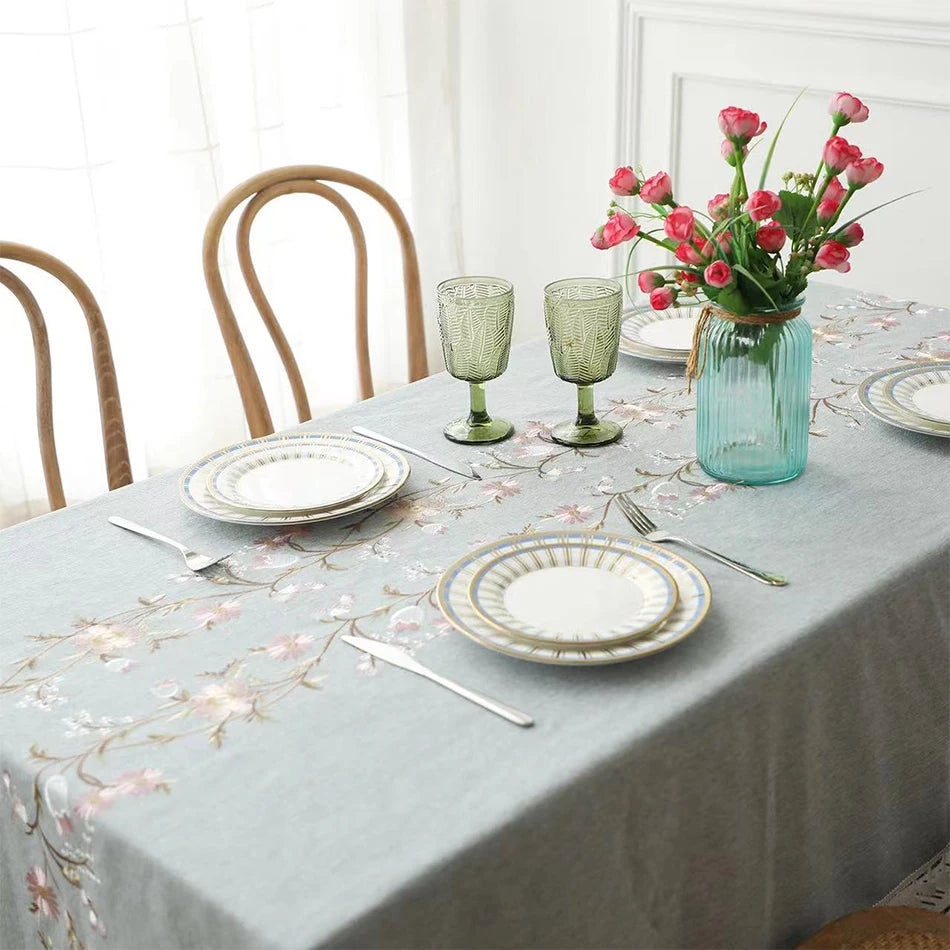 Cotton Linen Embroidered Floral Tablecloth with Tassel