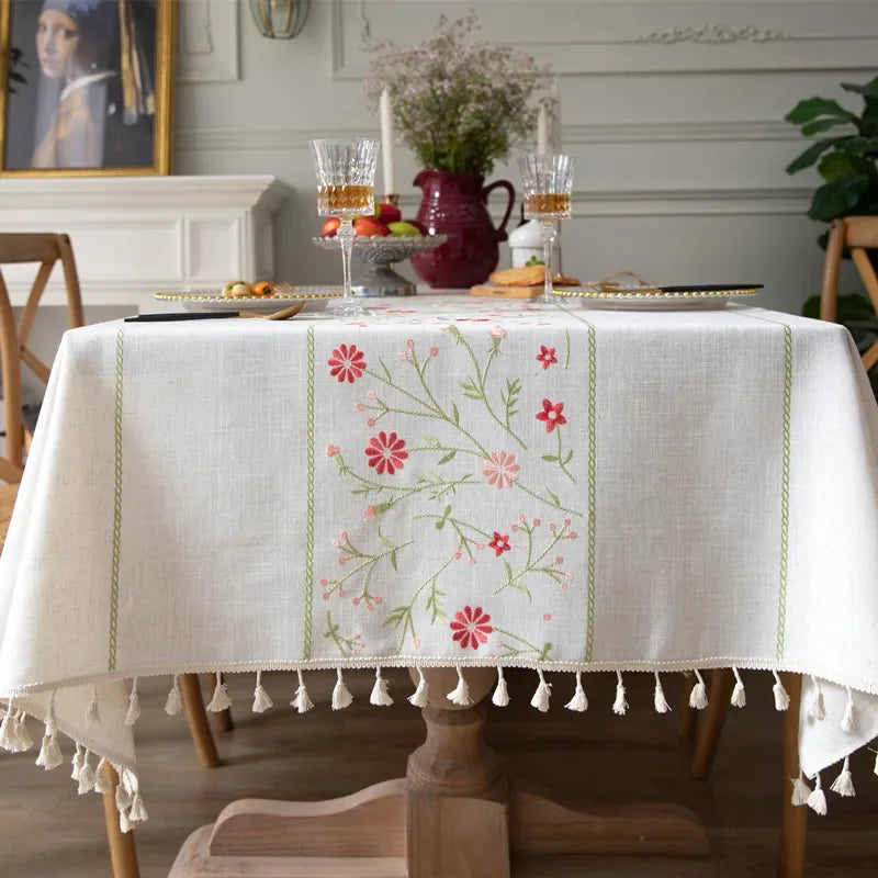 Cotton Linen Embroidered Floral Tablecloth with Tassel