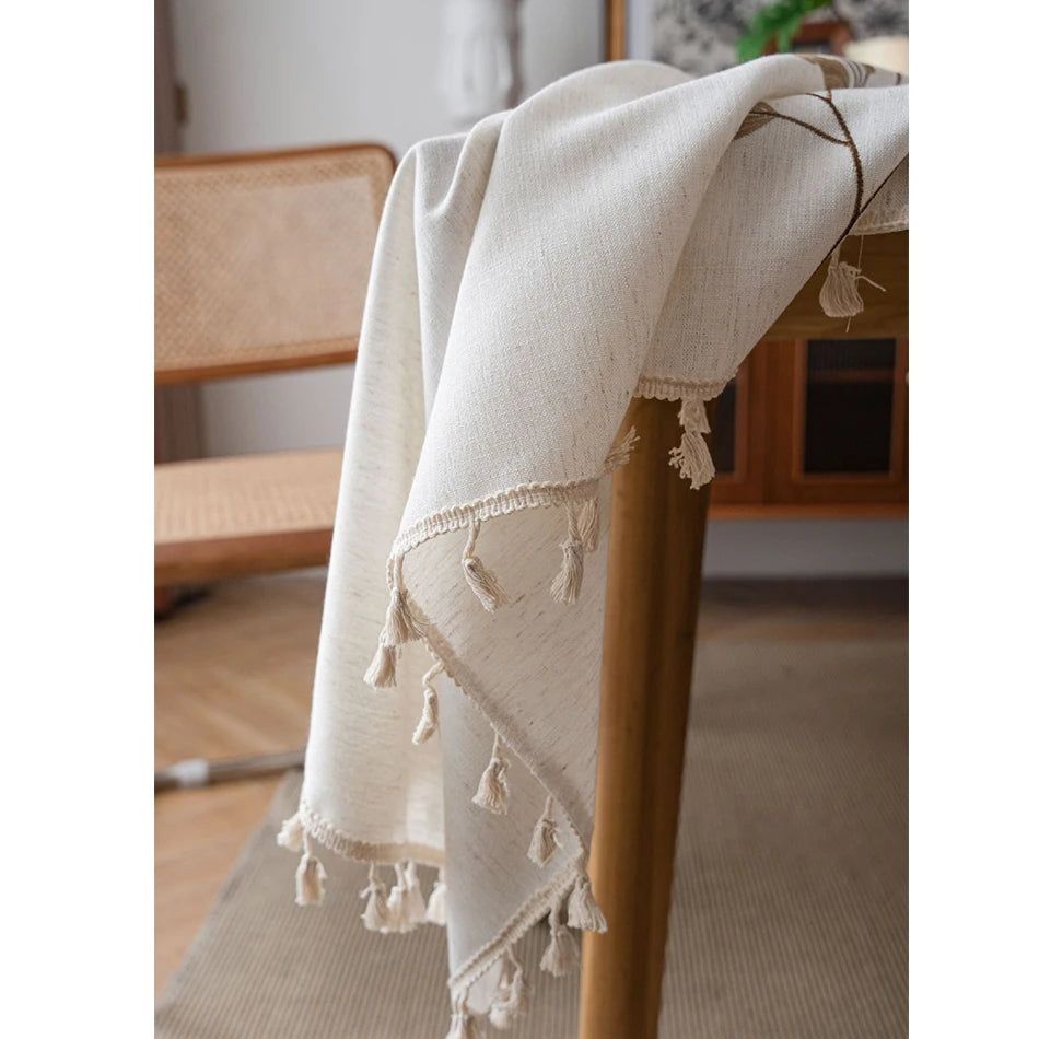 Cotton Linen Embroidered Floral Tablecloth with Tassel