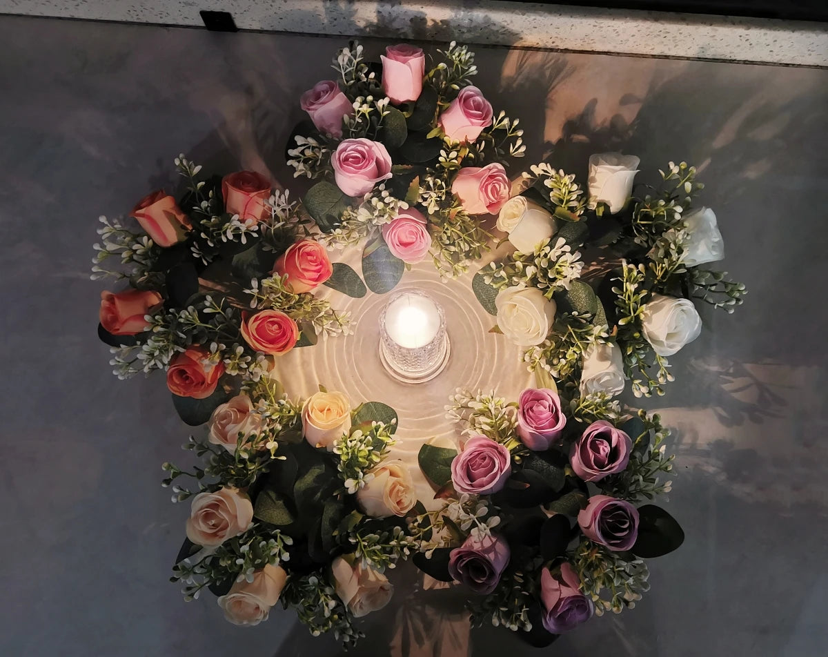 20Pcs Rose Candle Rings Artificial Floral Wreath Flower 2.9Inch Table Garland for Wedding Centerpiece Party Home Decor