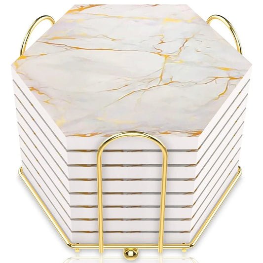 8 PC Coasters for Drinks Absorbent with Holder Marble Design Ceramic Coaster Set Super Absorbent Hot and Cold Drink