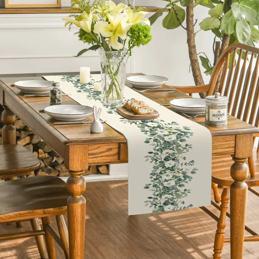 Plant and Flower Table Runner Dining Table Decoration Kitchen Supplies Watercolor Eucalyptus Table Runner Party Decoration