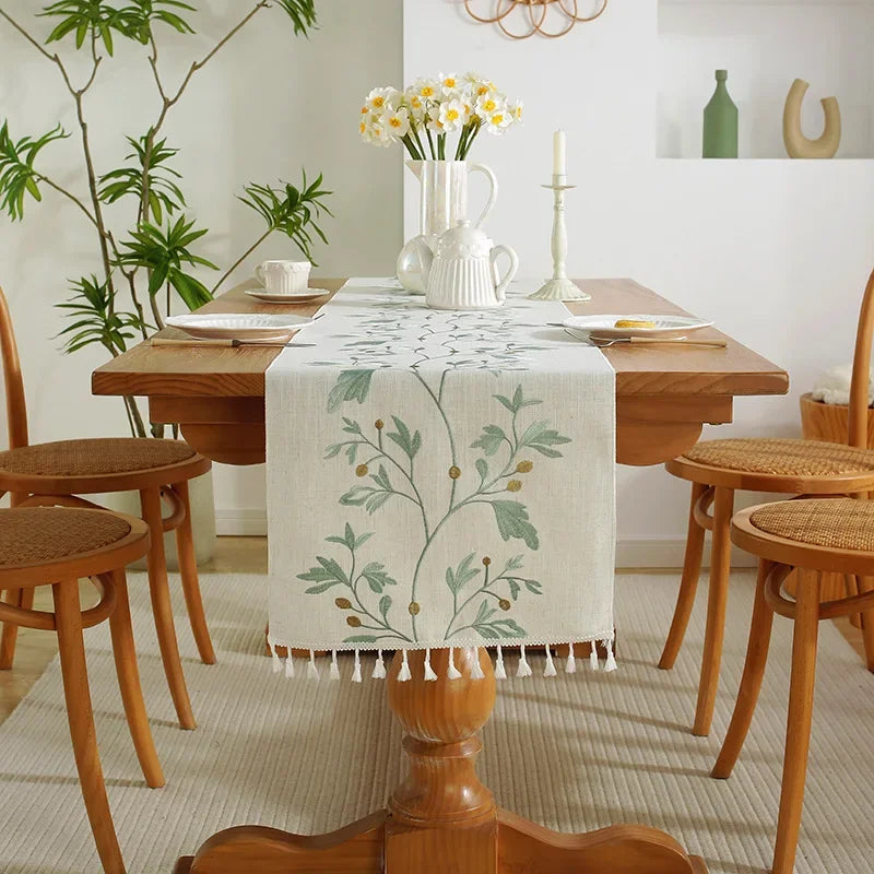 Embroidered Cotton Linen Luxury Table Runner Tablecloth Tassel for Home Dinning Table Coffee Table Mat Wedding decorations