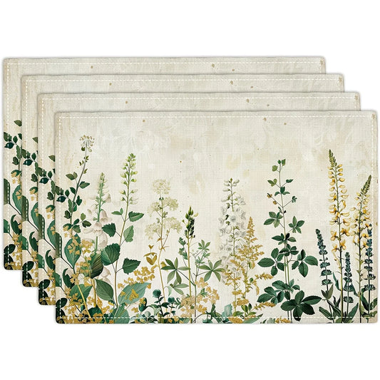 4pcs Rustic Wildflower Floral Placemats, Vintage Polyester Table Mats, Woven Rectangular Washable Place Settings for Home, Party