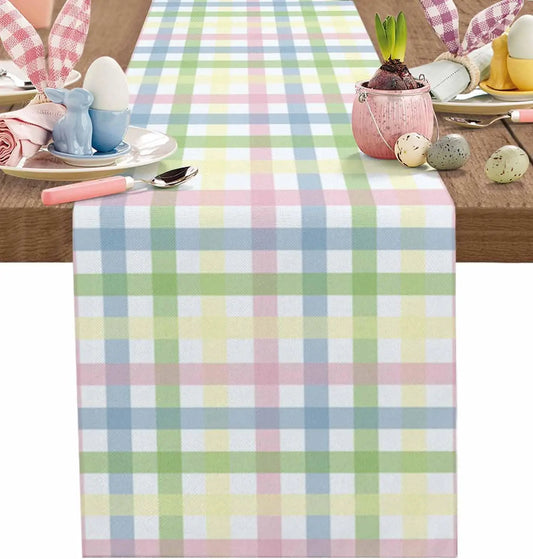 Vibrant Easter Plaid Linen Table Runner - Perfect for Festive Dining