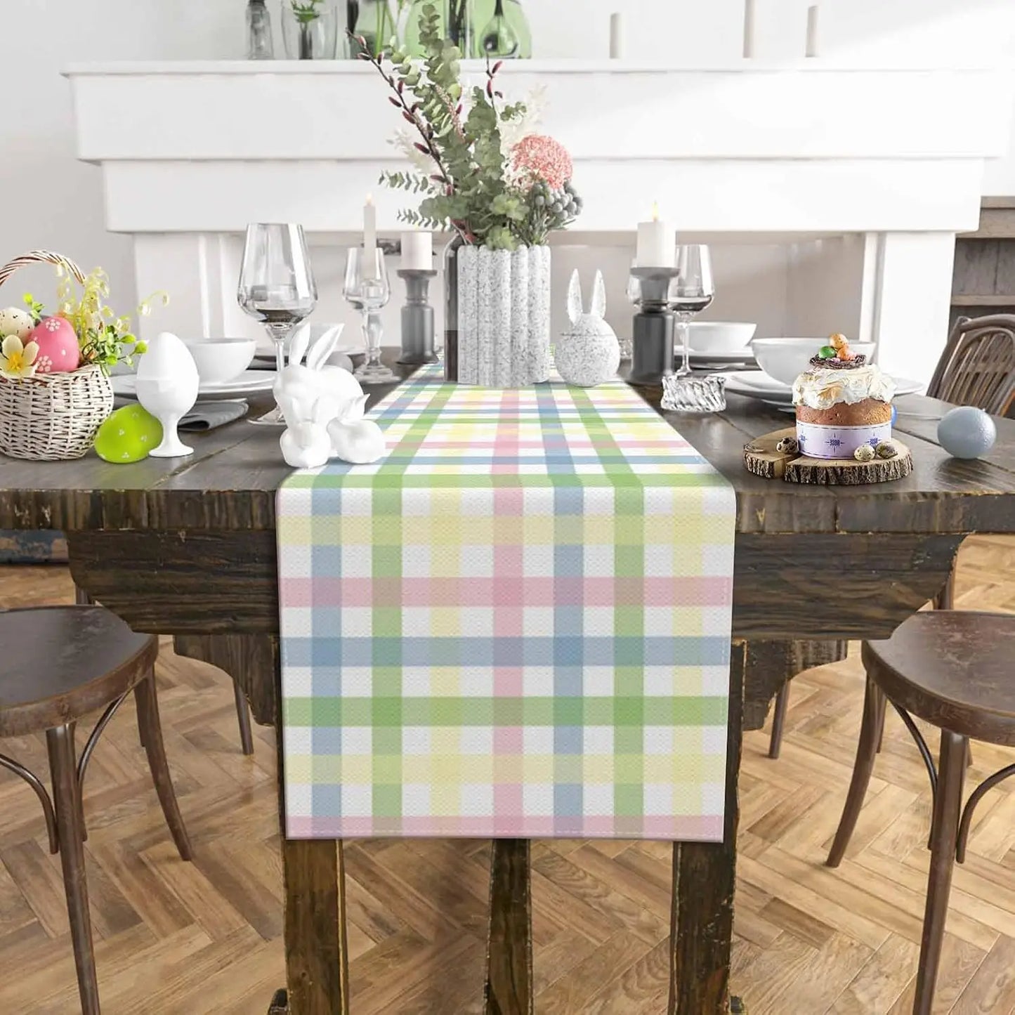 Vibrant Easter Plaid Linen Table Runner - Perfect for Festive Dining