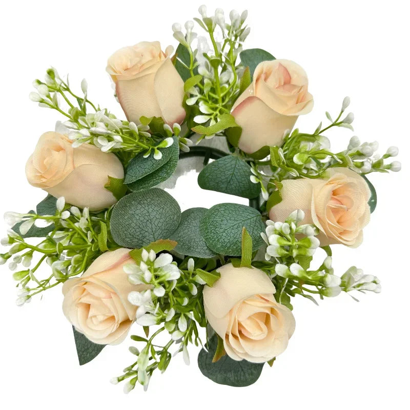20Pcs Rose Candle Rings Artificial Floral Wreath Flower 2.9Inch Table Garland for Wedding Centerpiece Party Home Decor