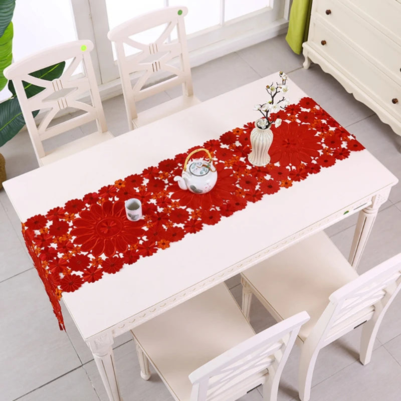 Embroidered Table Flag Luxury Poinsettia Holly Table Runner For Coffee Desk Xmas Placemat Decorations Lace Tablecloth