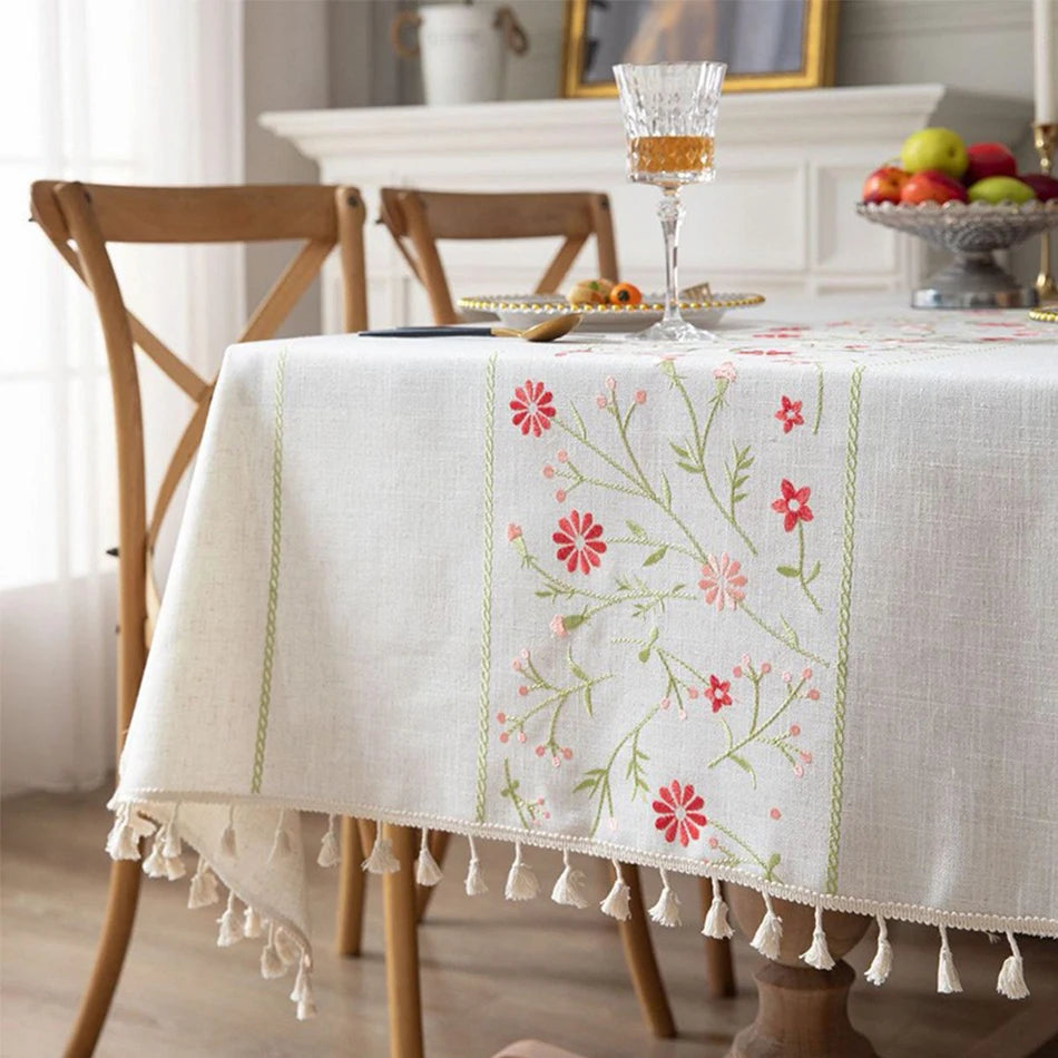Cotton Linen Embroidered Floral Tablecloth with Tassel