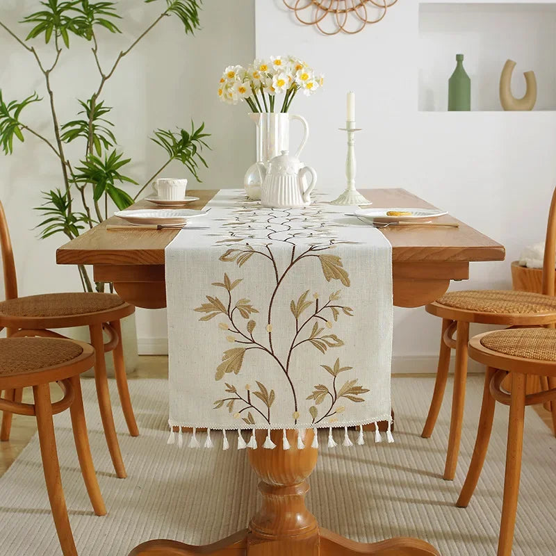 Embroidered Cotton Linen Luxury Table Runner Tablecloth Tassel for Home Dinning Table Coffee Table Mat Wedding decorations