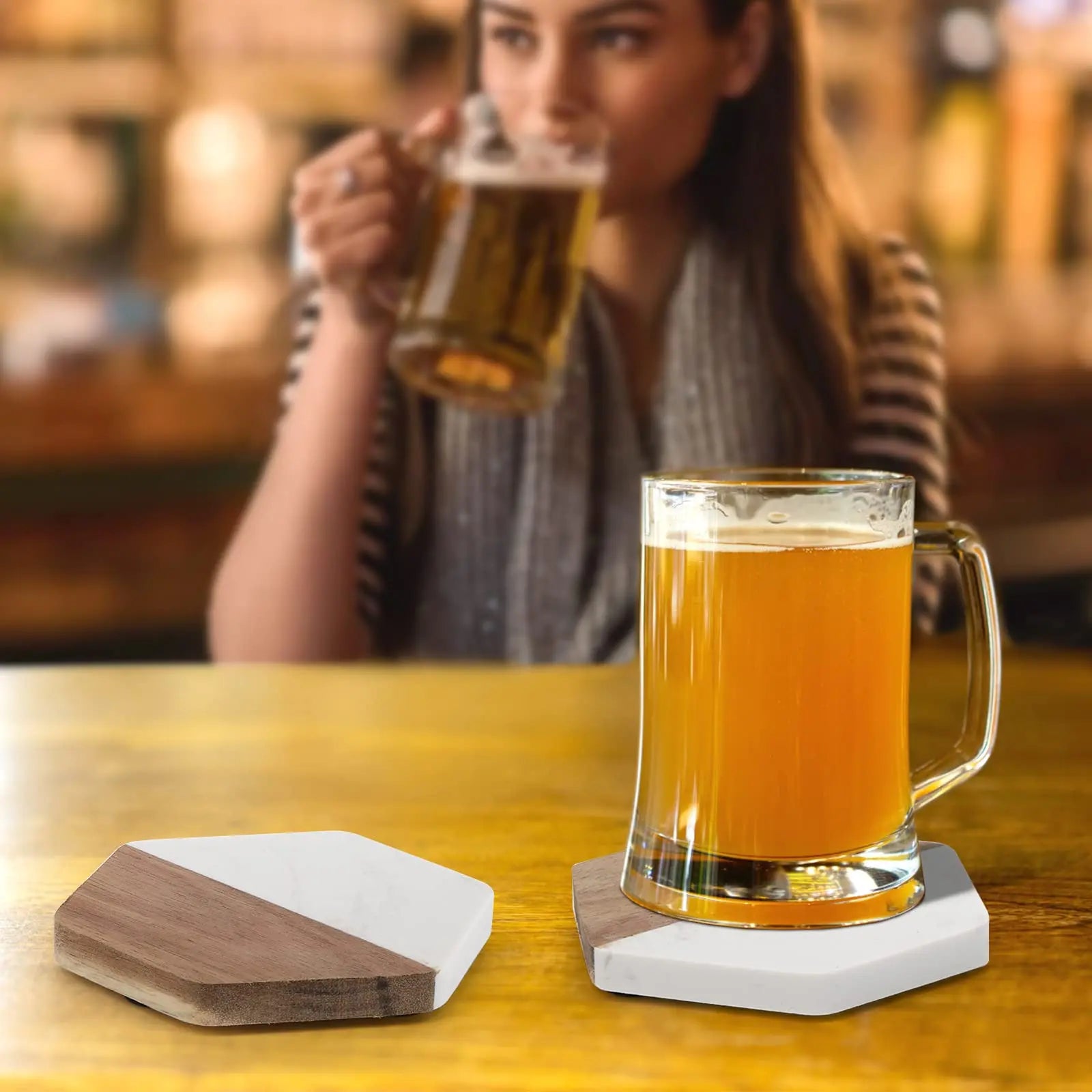 Marble Wood Coasters Set, Hexagon Geometric Coasters, Tea, Coffee, Wine, Drinks and Beverage, Set of 4