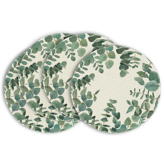 4PCS Eucalyptus Leaves Round Placemats Linen 35CM Round Table Mats for Home Outdoor Wedding Party Brithday Dining Decoration