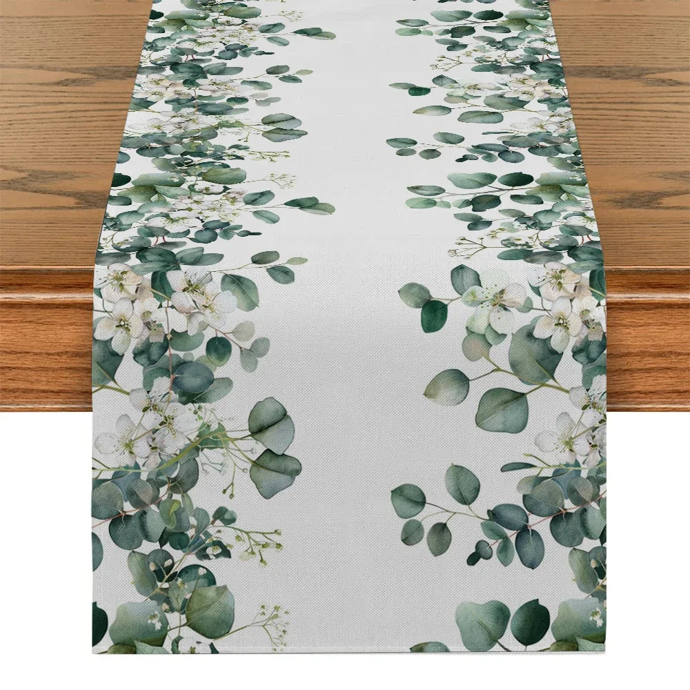 Plant and Flower Table Runner Dining Table Decoration Kitchen Supplies Watercolor Eucalyptus Table Runner Party Decoration