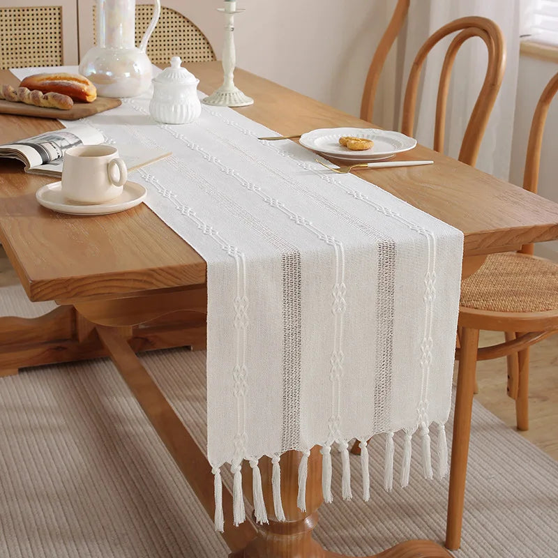 Elegant Jacquard Cotton Linen Table Runner with Tassels