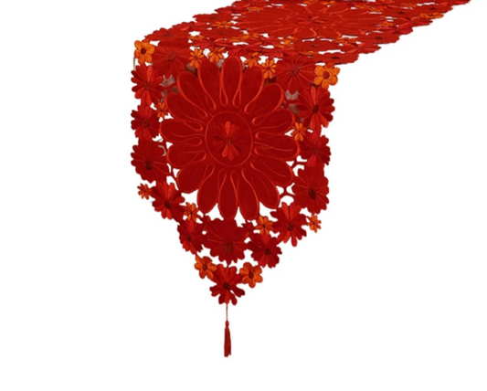 Embroidered Table Flag Luxury Poinsettia Holly Table Runner For Coffee Desk Xmas Placemat Decorations Lace Tablecloth