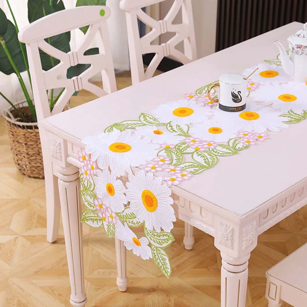 Hand Embroidery White Daisy Flower Table Runner Cotton Linen Wedding Party Dining Table Flag Placemat Home Kitchen Table Decor