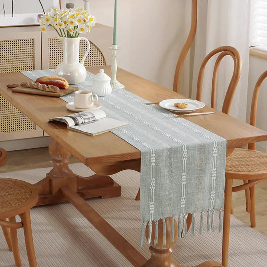 Elegant Jacquard Cotton Linen Table Runner with Tassels