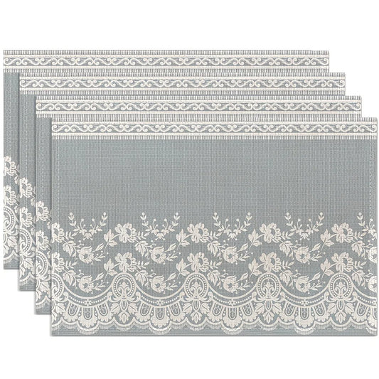 4pcs Lace Flower Placemats Set of 4,Washable Heat Resistant 12×18 Inch Linen Table Mats White Gray Place Mats for Party Outdoor