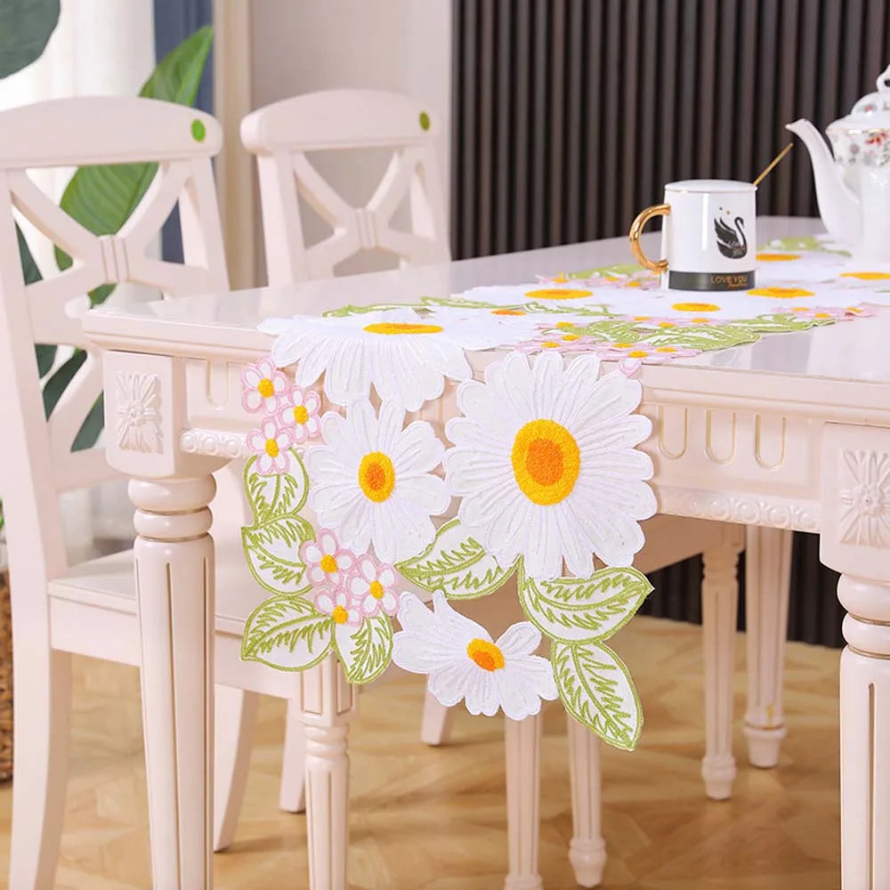 Hand Embroidery White Daisy Flower Table Runner Cotton Linen Wedding Party Dining Table Flag Placemat Home Kitchen Table Decor