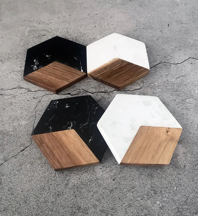 Marble Wood Coasters Set, Hexagon Geometric Coasters, Tea, Coffee, Wine, Drinks and Beverage, Set of 4