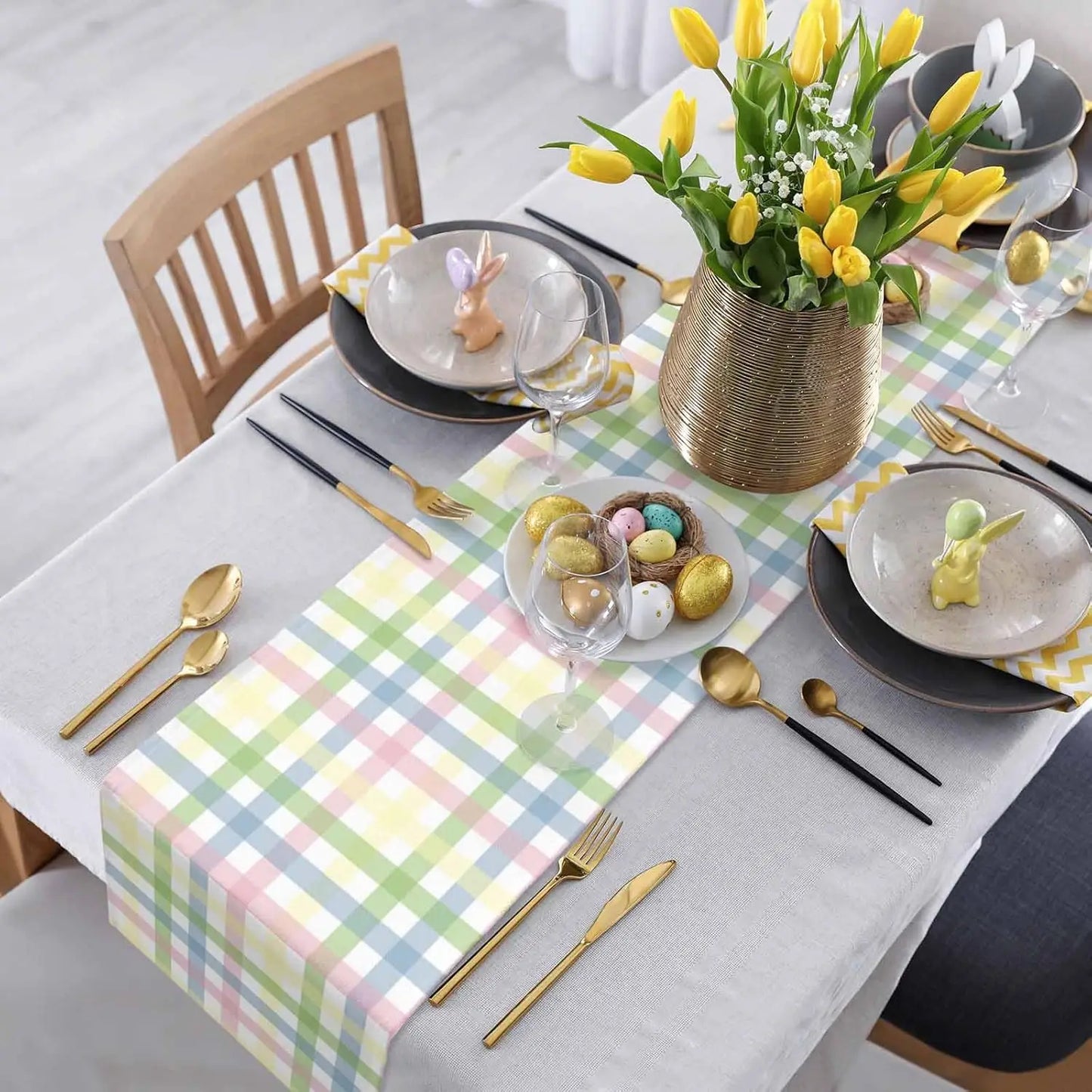 Vibrant Easter Plaid Linen Table Runner - Perfect for Festive Dining