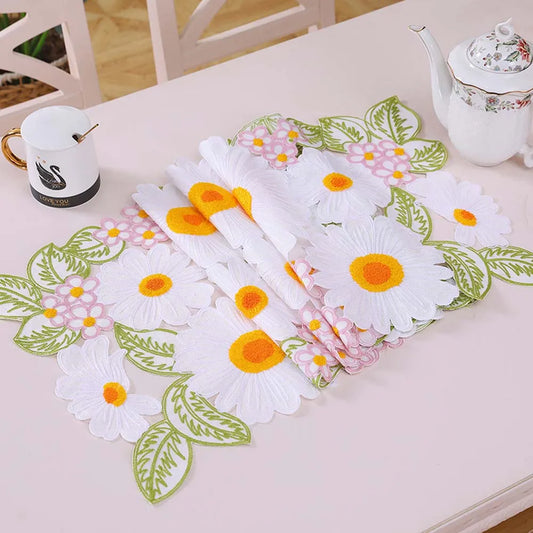 Hand Embroidery White Daisy Flower Table Runner Cotton Linen Wedding Party Dining Table Flag Placemat Home Kitchen Table Decor