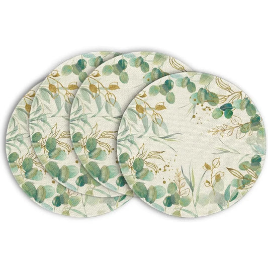 4PCS Eucalyptus Leaves Round Placemats Linen 35CM Round Table Mats for Home Outdoor Wedding Party Brithday Dining Decoration